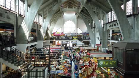 Scenic-view-of-famous-European-farmers-market,-Wroclaw-Market-Hall,-Poland,-Aerial-tilt