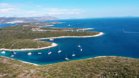 Aerial-seascape-of-famous-sailing-destination-in-Croatia,-Paklinski-Island-Hvar-summer-scenery-in-Europe,-Mediterranean