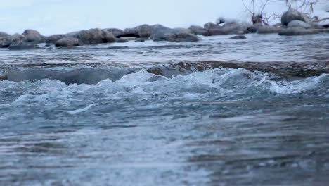 Turbulent-water-flow-down-icy-river-over-rock-ledge,-medium-shot-stationary