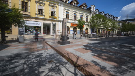 Panorama-style-time-lapse-of-modern-day-city-street-on-summer-day-with-people-walking-by-in-the-City-of-Žilina-Slovakia