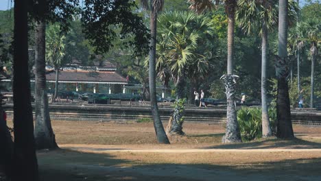 Wide-Exterior-Shot-of-Tourists-Walking-Through-Some-Trees-Near-a-Ancient-Building-in-the-Background