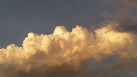 Towering-cumulus-stage-clouds-illuminated-by-the-sunset,-growing-and-forming-taller-as-a-darker-clouds-passes-in-front-shrouding-the-view-of-the-rising-thunderstorm-in-the-making