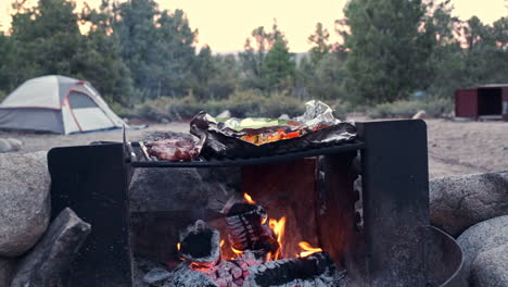 Steak-and-Vegetables-Grilling-Over-Hot-Campfire-Flames,-Tents-and-Trees-in-Background
