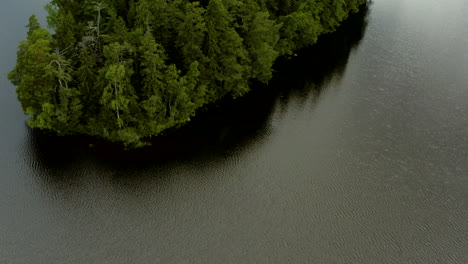 Aerial-view-over-a-island-on-lake-Bruntrasket,-tilting-up-revealing-endless-forest,-on-a-partly-sunny-day,-in-Inkoo,-Uusimaa,-Finland---tilt-up,-drone-shot