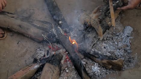 People-cooking-furry-Loris-primate-over-fire-pit-flames---embers-in-Laos-village-settlement-scene