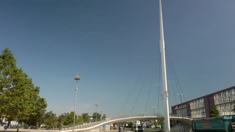 Pedestrian-bridge-over-the-Krefelder-street-across-from-the-Tivoli-football-stadium,-located-in-the-German-City-of-Aachen