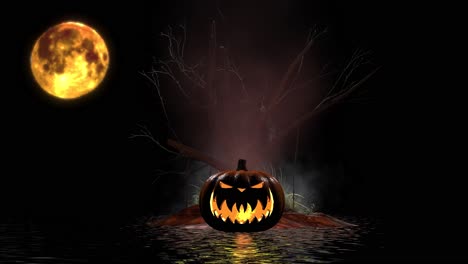 Halloween-scary-pumpkin-with-haunted-tree,-glowing-moon,-dust-particles,-fog-and-water-reflections-3D-animation