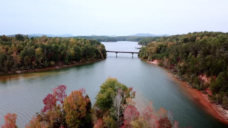 Lake-James-NC-in-Fall-Aerial,-Lake-James-North-Carolina-with-Beautiful-Leaves