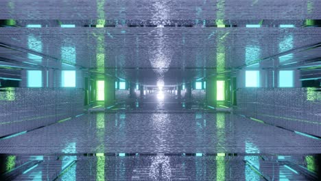 Motion-graphics-sci-fi:-travel-inside-futuristic-narrow-and-long-grey-reflective-rectangular-passage-with-neon-teal-and-green-lights-towards-white-blinking-light