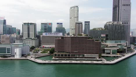 Hong-Kong-Kulturzentrum,-Tsim-Sha-Tsui-Pier-Und-Wolkenkratzer,-Luftbild