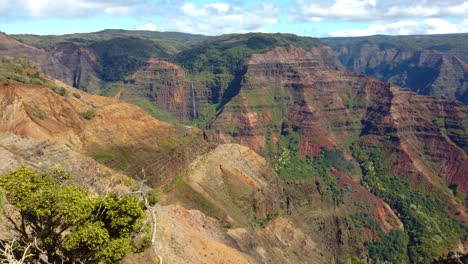 4K-Hawaii-Kauai-boom-up-from-tall-grass-to-reveal-Waimea-Canyon-with-a-waterfall-in-far-distance-and-partly-cloudy-sky