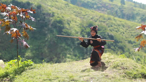 a-young-woman-practicing-martial-arts-on-a-hill-with-a-horse-background