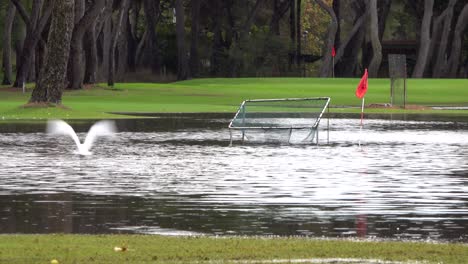 Heron-flying-on-golf-course-while-it-rains,-driving-range-with-marked-distances-flooded-by-cold-drop