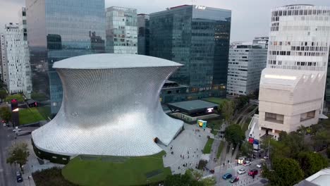 Aerial-view-of-museum-Soumaya-and-museum-Jumex-in-Polanco,-Mexico-City