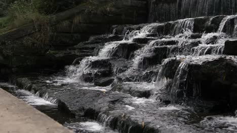 Water-flowing-over-cascading-waterfall-wide-static-shot