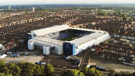 Iconic-Goodison-Park-EFC-football-ground-stadium-aerial-view,-Everton,-Liverpool-stationary