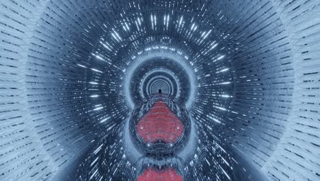 Motion-graphics-sci-fi:-travel-inside-futuristic-long-bright-grey-metallic-keyhole-tunnel-with-caged-red-reflective-heart-outlined-with-white-streaks-of-light