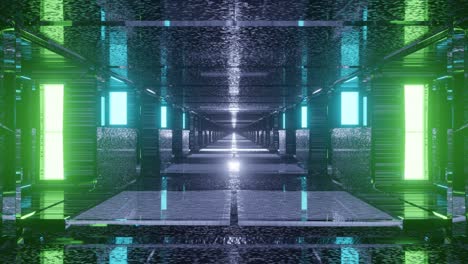 Motion-graphics-sci-fi:-travel-slowly-inside-futuristic-long-grey-speckled-mirrors-reflecting-tunnel-with-neon-teal-and-green-lights-towards-white-blinking-light