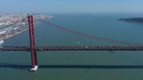 Aerial-Drone-Shot-Spanning-over-the-25th-of-April-Bridge---Tagus-River-in-Lisbon,-Portugal