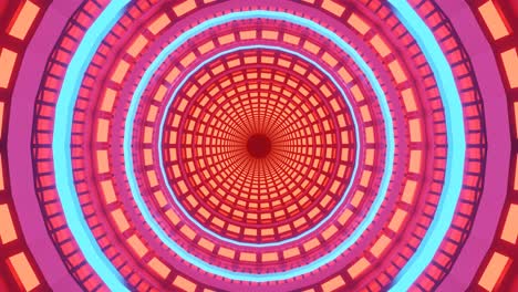 Motion-graphics-sci-fi:-traveling-down-futuristic-colorful-neon-red,-pink-and-teal-brick-circular-expanding-patterns-inside-narrow-short-tunnel