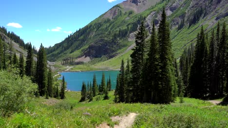 Walking-on-a-trail-with-a-view-of-Emerald-Lake-in-Crested-Butte,-Colorado
