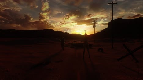 walking-dead-zombies-hunting-and-attacking-with-flock-of-birds-circling,-skeleton-on-abandoned-desert-road-at-sunset,-horrific-glowing-eyes-scary-scene