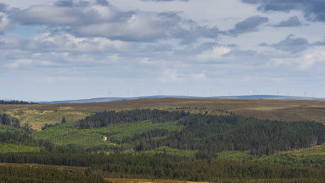 Time-lapse-of-mixed-forestry-rural-landscape-and-wind-turbines-on-distant-hills-on-a-summer-cloudy-day-in-Ireland