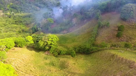 Aerial-view-of-a-group-of-firefighters,-walking-towards-a-smoking-wildfire,-in-Jungles-of-the-Amazon-area-in-South-America--tracking,-drone-shot