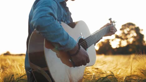 Musician-playing-guitar-in-field-at-sunset-golden-hour-slow-motion