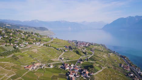 Flying-high-above-Aran-and-Grandvaux-village-in-Lavaux-vineyard,-Switzerland