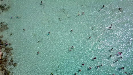 Aerial-overhead-footage-of-people-bathing-at-a-shallow-sandy-beach