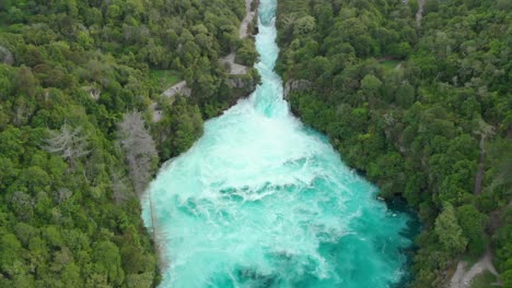 Aerial-shot-of-Huka-Falls-from-distance,-New-Zealand