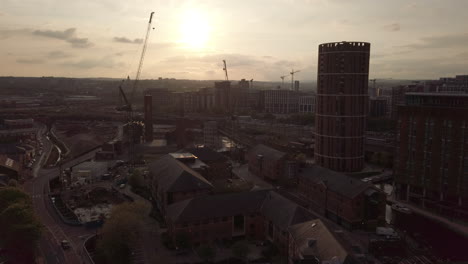 Wide-Static-Shot-of-Cityscape-at-Sunset-in-Leeds,-UK