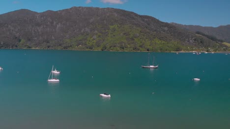 Aerial-shot-of-sail-boats-in-Queen-Charlotte-Sound,-Marlborough-Sounds,-South-Island,-New-Zealand