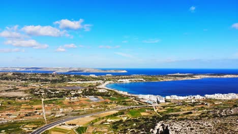 Hyperlapse-drone-video-from-Malta,-Mellieha-area,-flying-to-Mellieha-Bay