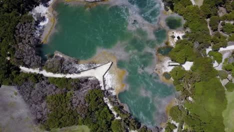 Aerial-shot-of-hot-spring,-natural-steamy-thermal-basin---New-Zealand,-Rotorua,-Kuirau-Park