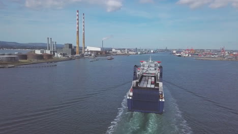 Aerial-view-in-4k-of-a-passenger-ship-coming-in-to-dock-at-Dublin-Bay