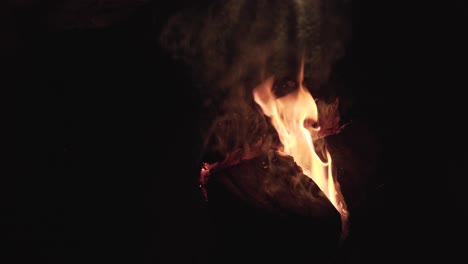 Log-burning-flame-at-night-in-the-dark