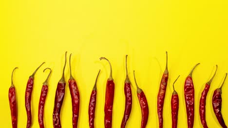 Red-Chile-de-árbol-chilies-stop-motion-movement-in-row-along-bottom-edge-on-fun-vibrant-yellow-background