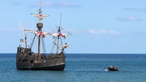 Genuine-flagship-replica-of-the-La-Santa-María-de-la-Inmaculada-Concepción-or-La-Santa-María,-originally-La-Gallega,-captained-by-Christopher-Columbus-first-voyage-across-the-Atlantic-Ocean-in-1492
