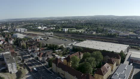 Drone-aerial-views-of-Göttingen-in-soft-sunlight,-Germany,-Europe