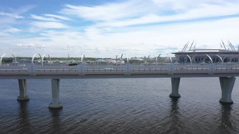 Aerial-Drone-slow-tracking-Shot-of-the-Western-High-Speed-Diameter-Bridge,-Gulf-of-Finland-in-Saint-Petersburg,-Russia