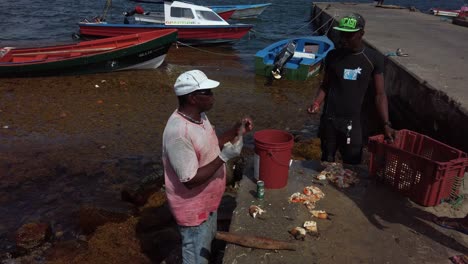 A-fisherman-cleaning-conchs-as-a-tourist-looks-on