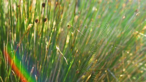 Spiderweb-in-reed-bush-moving-in-wind,-early-morning,-contrast,-lens-flare