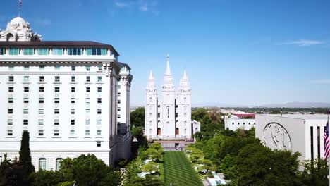 Drone-Shot-flying-away-from-the-Salt-Lake-Temple-during-midday