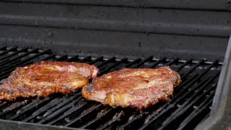 Two-raw-rib-eye-steaks-cooking-on-a-grill