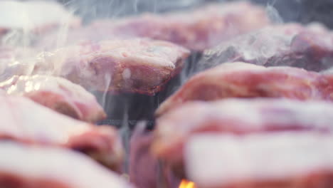 Slow-Motion-Macro-of-Sizzling-Meat-on-Fiery-and-Smokey-BBQ-Grill
