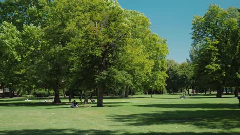 Városligeti-Lake-City-park,-people-passing-by-in-the-park,-resting,-sunbathing,-picnic-wider-shot