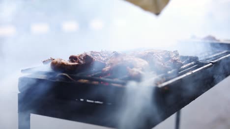 Slow-Motion-shot-of-an-Asian-street-vendor-cooking-Ayam-Bakar-on-a-smoky-grill