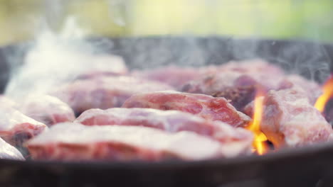 Slow-Motion-Push-In-of-Meat-Grilling-on-Fiery-and-Smokey-BBQ-Grill